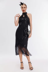 Emilia Sequin Tassel Halter Neck Evening Dress In Black